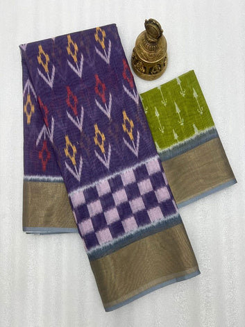 Ikkat Style Linen Printed Saree with Gold Zari Border SA125-210