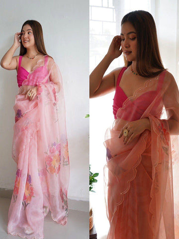 Pure Organza Silk Saree with Floral Print & Viscose Thread Sequins Work Border SA625-761