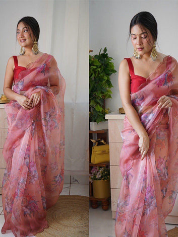 Pure Organza Silk Saree with Floral Print & Viscose Thread Sequins Work Border SA625-762
