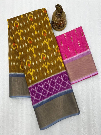 Ikkat Style Linen Printed Saree with Gold Zari Border SA125-211