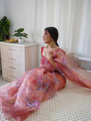 Pure Organza Silk Saree with Floral Print & Viscose Thread Sequins Work Border SA625-762
