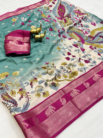 Traditional Kalamkari Print, Elephant-Peacock Weave Border and Jacquard Butti SA925-1270