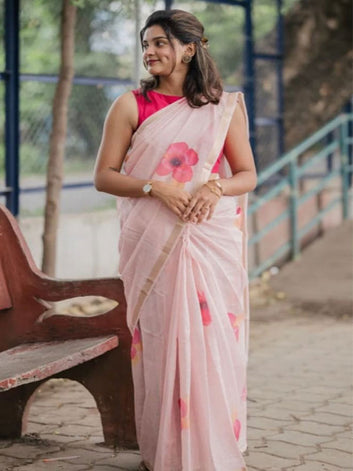 Floral Style Linen Printed Saree with Gold Zari Border SA125-248