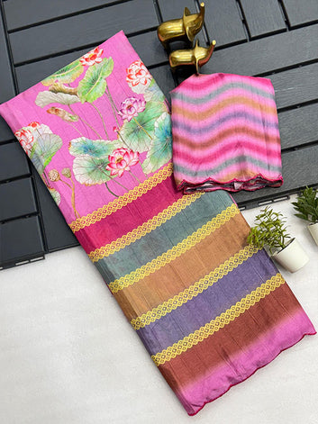 Artful Kalamkari Tussar Silk Saree with Arco Border SA525-605