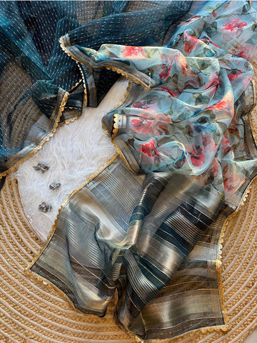 Printed Organza Silk Saree with Delicate Buttis and Attached Sequin Border 💫 SA625-741