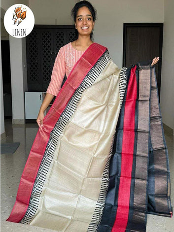 Affordable Linen Printed Saree with Gold Zari Border SA125-262
