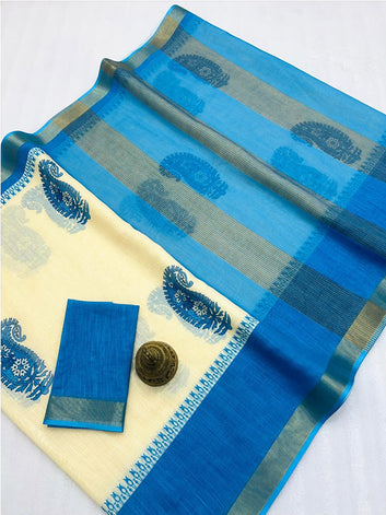 Affordable Linen Printed Saree with Gold Zari Border SA125-262