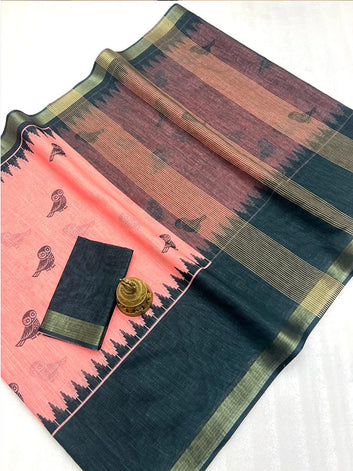 Affordable Linen Printed Saree with Gold Zari Border SA125-263