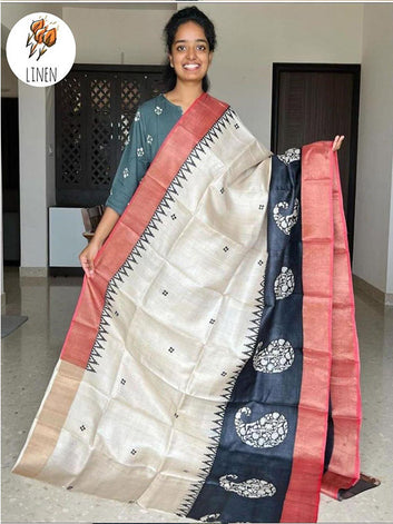 Affordable Linen Printed Saree with Gold Zari Border SA125-265