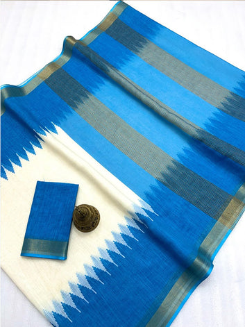 Affordable Linen Printed Saree with Gold Zari Border SA125-266