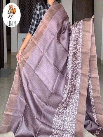 Affordable Linen Printed Saree with Gold Zari Border SA125-268