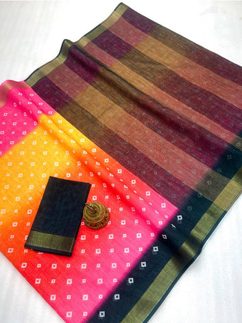 Affordable Linen Printed Saree with Gold Zari Border SA125-269