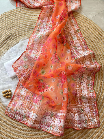 Pure Organza Silk Saree with Digital Floral Print & Chikankari Work Border SA625-766