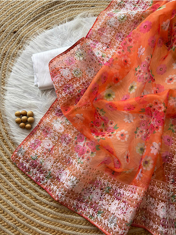 Pure Organza Silk Saree with Digital Floral Print & Chikankari Work Border SA625-766