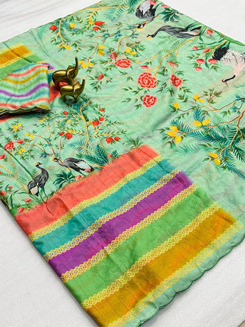 Artful Kalamkari Tussar Silk Saree with Arco Border SA525-606