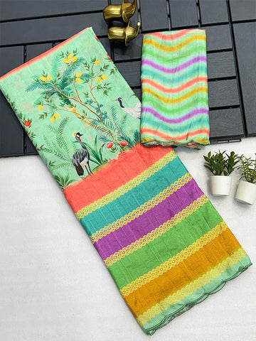 Artful Kalamkari Tussar Silk Saree with Arco Border SA525-606