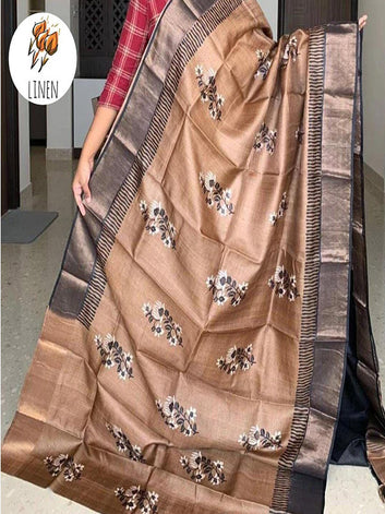 Affordable Floral Linen Printed Saree with Gold Zari Border SA125-270