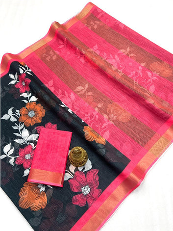 Affordable Floral Linen Printed Saree with Gold Zari Border SA125-271