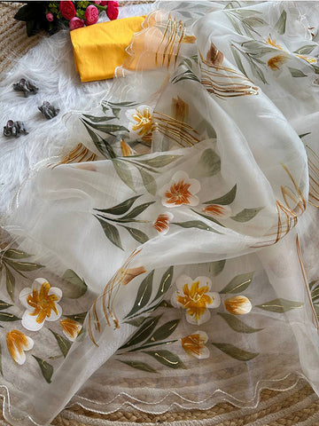 BeautifulHandpainted Organza Silk Saree with Sparkling Border Work SA625-736