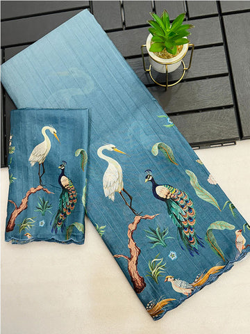 Kalamkari Digital Print Tussar Silk Saree with Arco Borders SA425-482