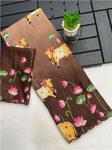 Kalamkari Digital Print Tussar Silk Saree with Arco Borders SA425-483