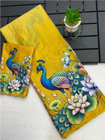 Kalamkari Digital Print Tussar Silk Saree with Arco Borders SA425-484