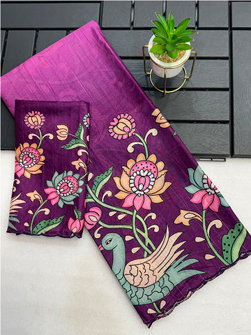 Kalamkari Digital Print Tussar Silk Saree with Arco Borders SA425-485