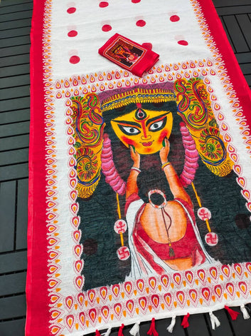 Red Devi – Durga Puja Special Linen Saree  SA825-1138
