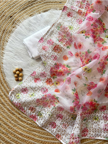 Pure Organza Silk Saree with Digital Floral Print & Chikankari Work Border SA625-767