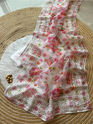 Pure Organza Silk Saree with Digital Floral Print & Chikankari Work Border SA625-767