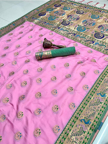 Pure Soft Gold Zari Kanchivaram Paithani Silk Saree with Contrast Peacock Border SA625-796
