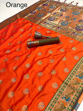 Pure Soft Gold Zari Kanchivaram Paithani Silk Saree with Contrast Peacock Border SA625-796