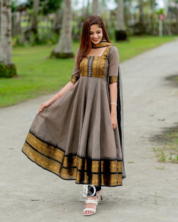 Anarkali Flared Banana Silk Kurti Pant Dupatta Set|| SA725-941