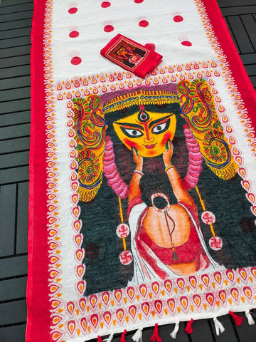 Red Devi – Durga Puja Special LinenSaree with Digital Print SA825-1022