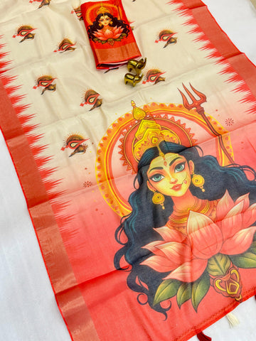 Red Devi – Durga Puja Special Linen Saree  SA825-1037