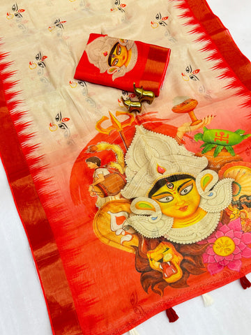 Red Devi – Durga Puja Special Linen Saree  SA825-1041