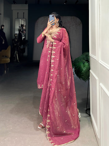 Pink & Silver Stitched Ethnic Set – Top, Bottom & Dupatta SA925-1257