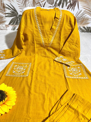 Slub Cotton Kurti Pant Set with Embroidery & Lace Work – Festive & Office Wear SA1025-1278