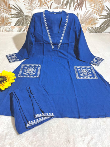 Slub Cotton Kurti Pant Set with Embroidery & Lace Work – Festive & Office Wear SA1025-1279