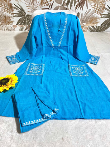 Slub Cotton Kurti Pant Set with Embroidery & Lace Work – Festive & Office Wear SA1025-1277