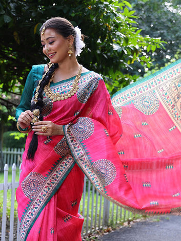 Madhubani Printed Tussar Silk Kalamkari Sari SA125-093