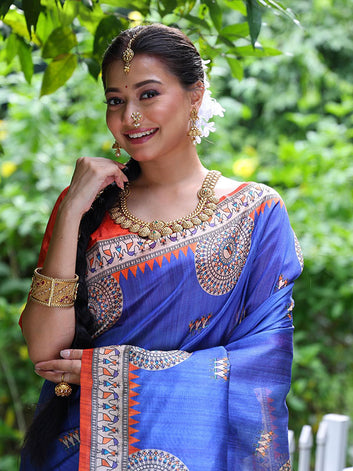 Madhubani Printed Tussar Silk Kalamkari Sari SA125-095