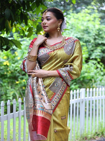 Madhubani Printed Tussar Silk Kalamkari Sari SA125-096