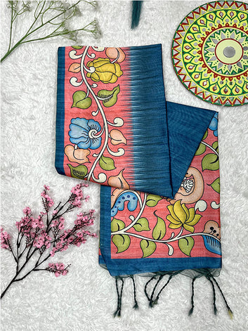 Beautiful Lotus Printed Soft Tussar Silk Kalamkari Sari SA125-112