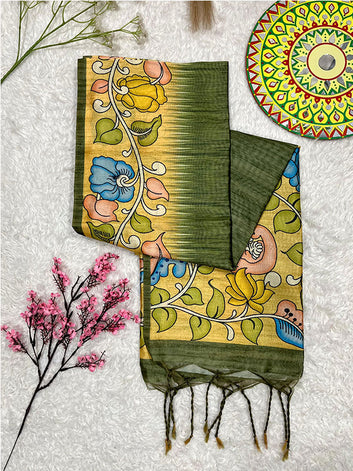 Beautiful Lotus Printed Soft Tussar Silk Kalamkari Sari SA125-113