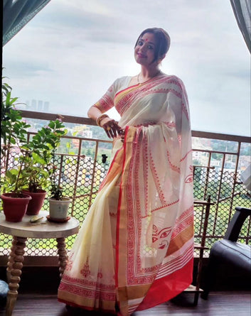 Red Devi – Durga Puja Special LinenSaree with Digital Print SA825-1005