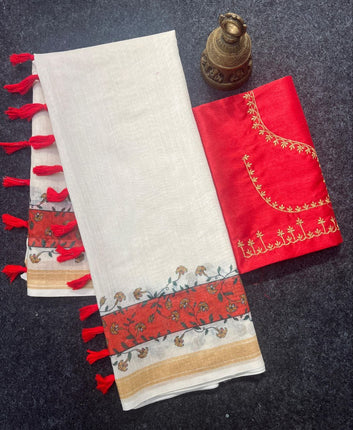 Red Devi – Durga Puja Special LinenSaree with Digital Print SA825-1007