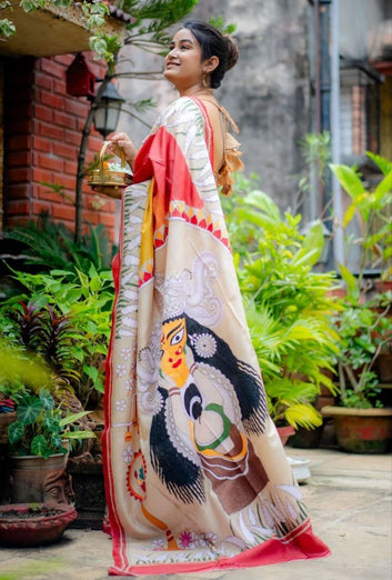 Red Devi – Durga Puja Special LinenSaree with Digital Print SA825-1013