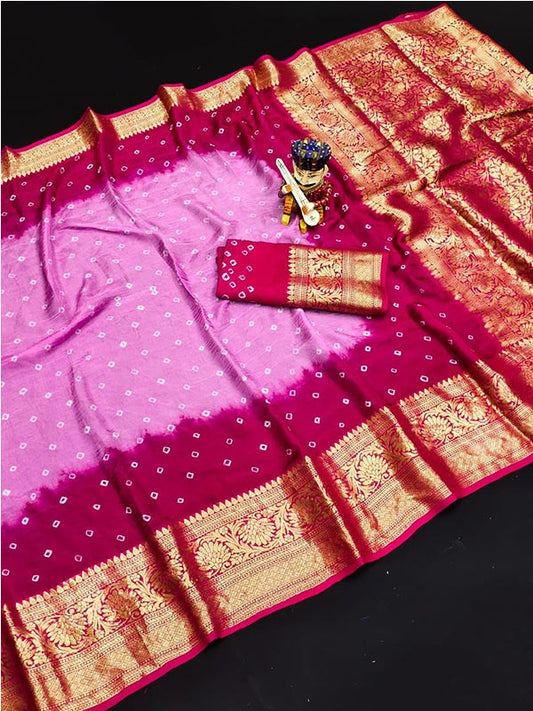 Pink Bandhani Saree with Zari Border SA125-002