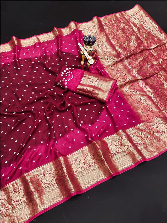 Maroon Bandhani Saree with Zari Border SA125-011